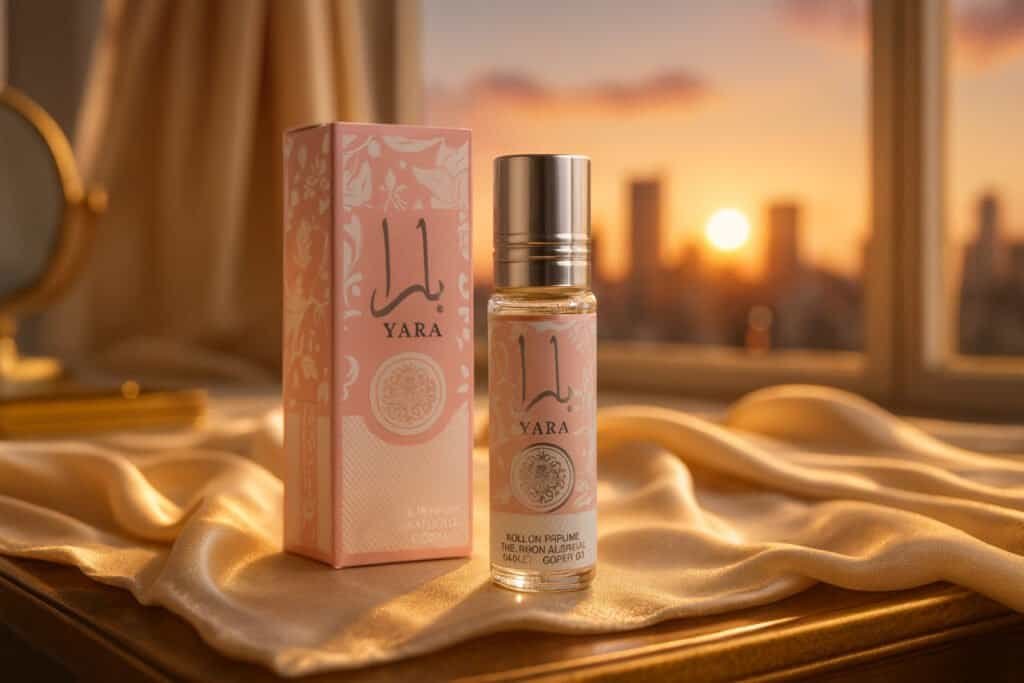 Parfum de Dubaï sur une coiffeuse face à un coucher de soleil sur la ville, soie et dorures