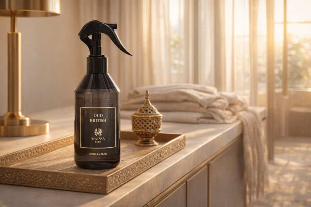 Bakhour revisité dans un salon lumineux, bois clair, laiton doré et linge parfumé sur une console élégante