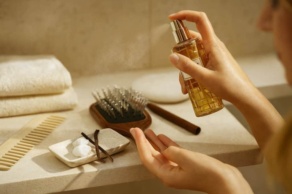 Mains parfumant une brosse sur une étagère de salle de bain claire, avec lumière douce du matin et ambiance soignée