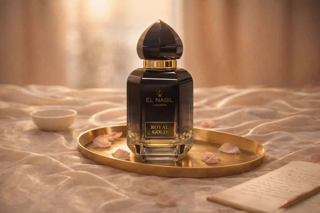 Choisir son parfum sur une coiffeuse élégante baignée de lumière dorée avec soie beige et roses fraîches