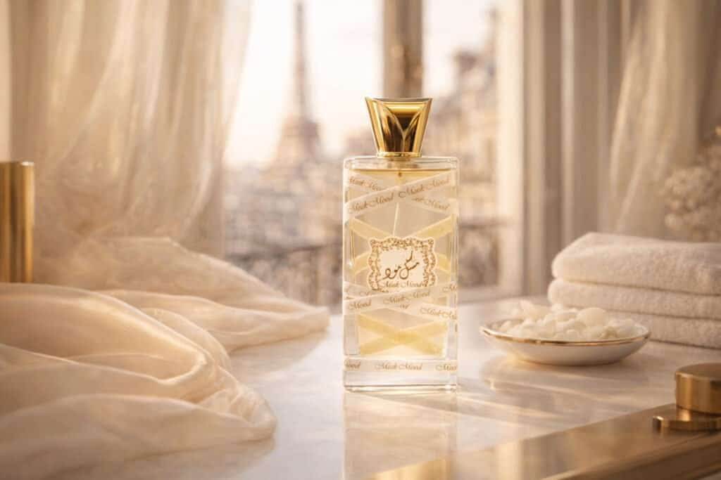Musc blanc sur une coiffeuse lumineuse, soie ivoire, laiton doré et fleurs blanches dans une ambiance chic