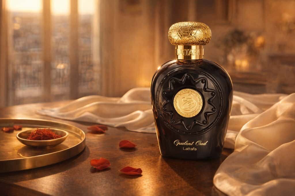 Parfum oud sur une coiffeuse en noyer, soie bronze et lumière dorée de fin de journée