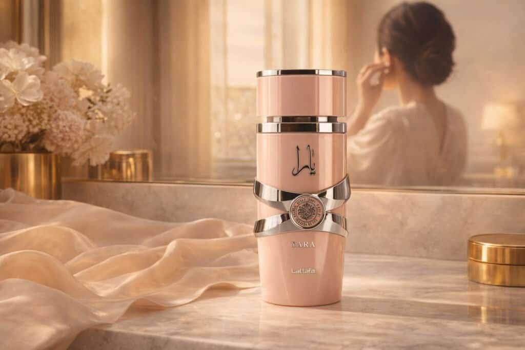 Parfum de dubaï femme sur une coiffeuse lumineuse, soie beige, laiton et lumière dorée de fin de journée