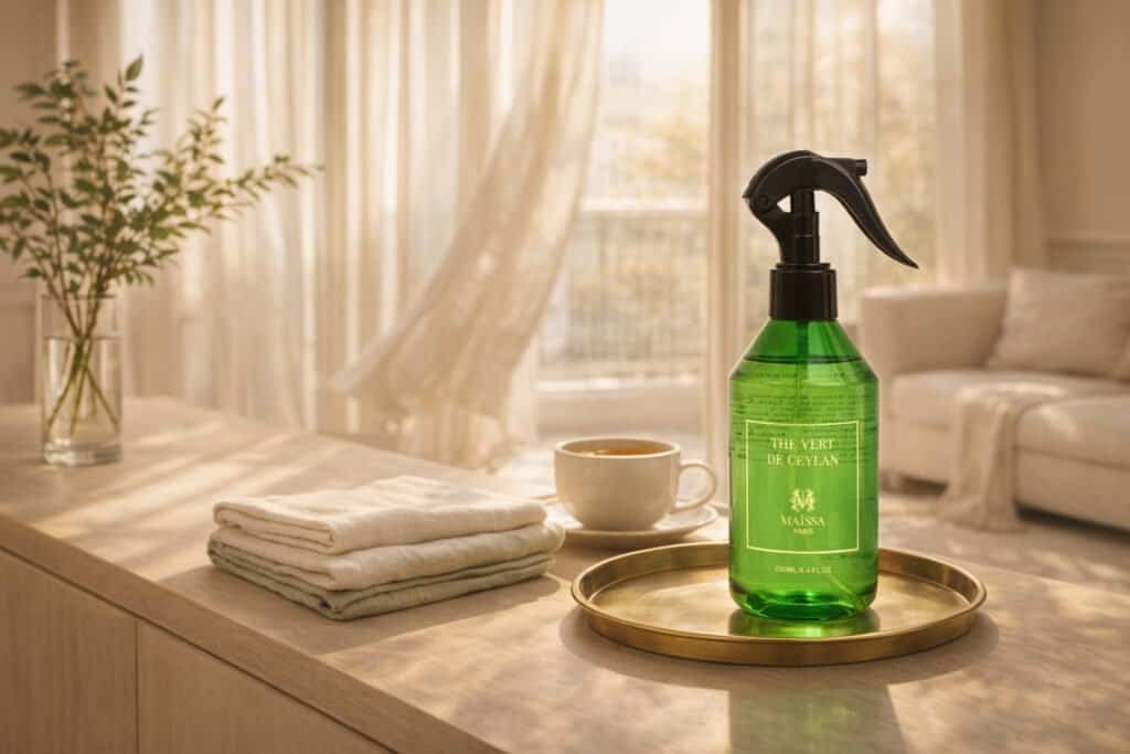 Parfum d'intérieur dans un salon lumineux avec rideaux en lin, linge frais et plateau en laiton