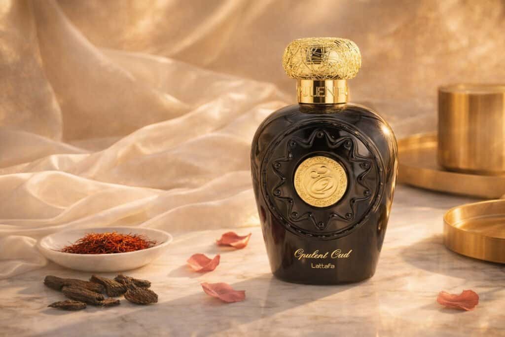 Parfum dubaï sur une coiffeuse en marbre clair, lumière dorée, soie ivoire et matières orientales raffinées
