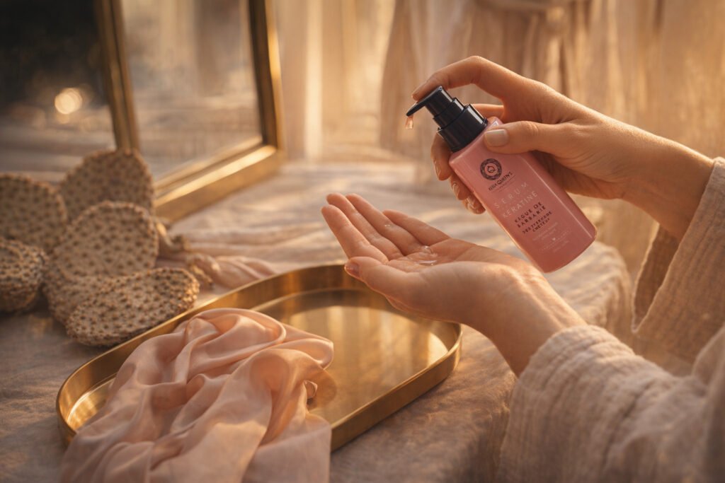 Mains appliquant le soin capillaire devant un miroir, plateau en laiton et lumière dorée de fin de journée