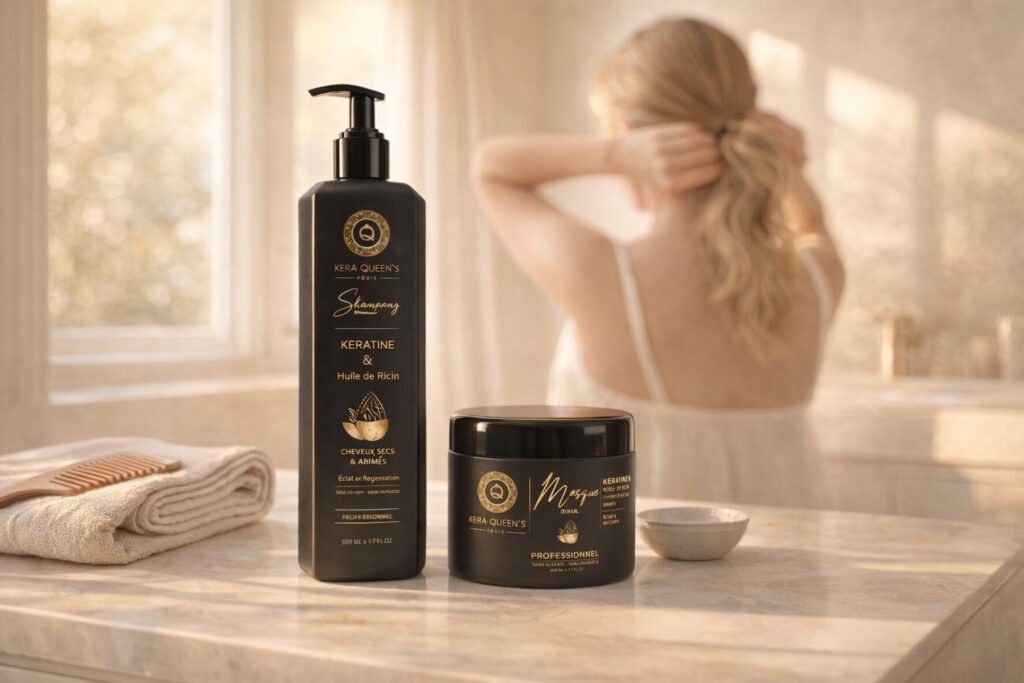 Routine kera queens sur une coiffeuse claire avec serviette en lin, peigne et lumière douce du matin