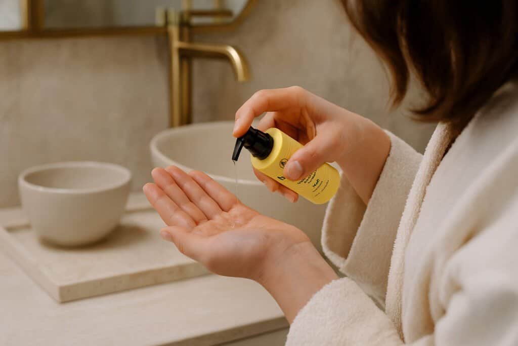 Mains appliquant un sérum capillaire dans une salle de bain lumineuse avec plateau en travertin