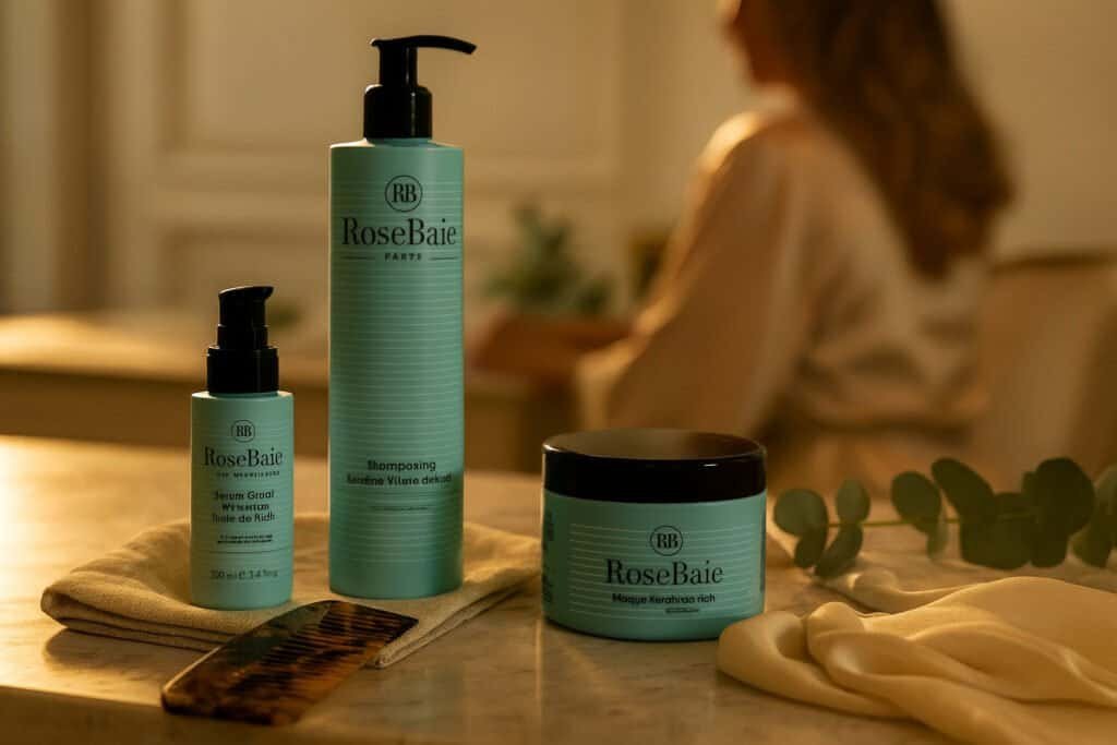 Routine rose baie sur une coiffeuse lumineuse avec serviette crème, peigne en écaille et lumière dorée