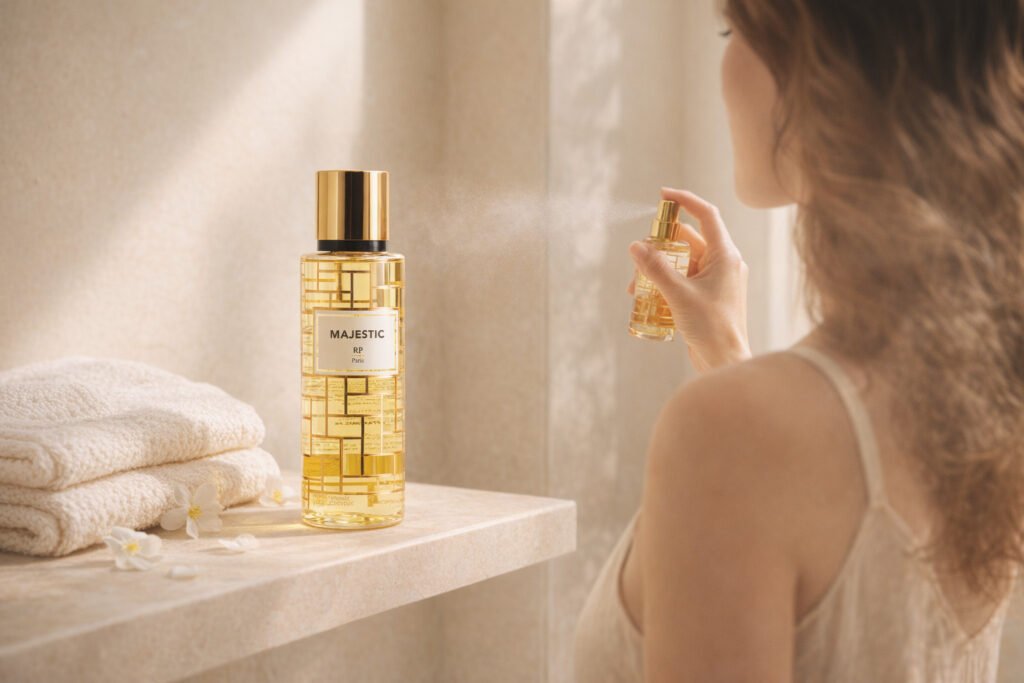 Brume posée dans une salle de bain claire, jasmin et serviette crème, main en mouvement sur les longueurs