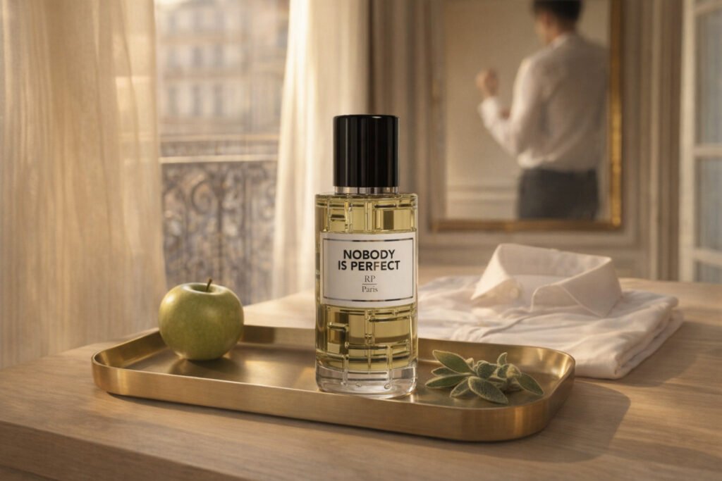 Rp paris sur une coiffeuse lumineuse, lumière dorée, coton blanc, sauge fraîche et silhouette en arrière-plan